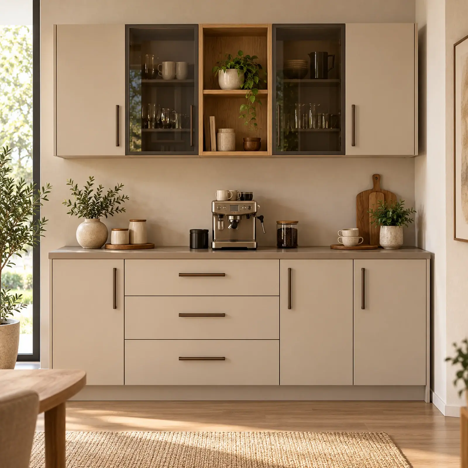 Pervelina 200 cm Orta Çift Nişli Simetrik Reflekte Camlı Membran Kahve Köşesi