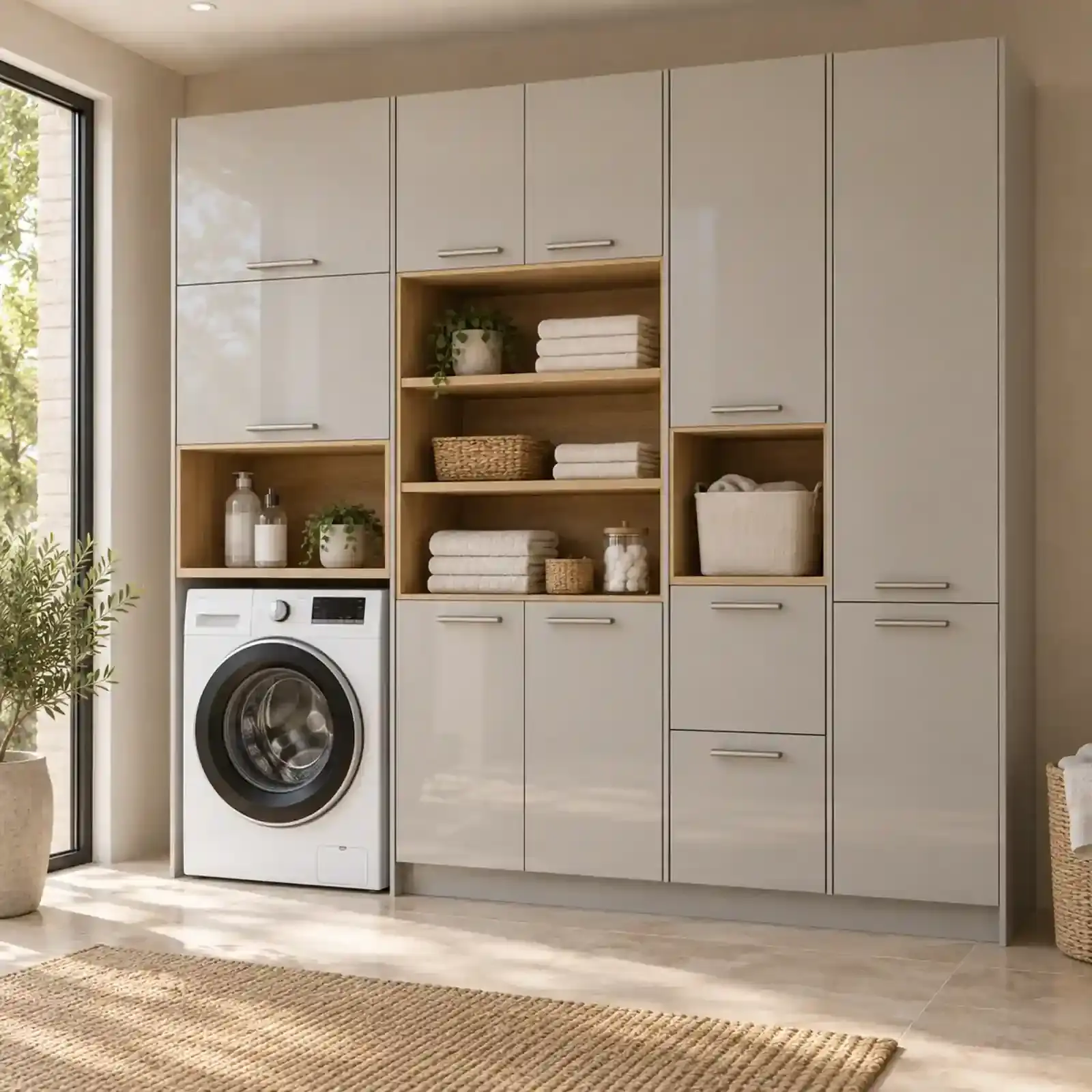 Kirelvessa High Gloss Tek Makineli, Üç Raflı, Çift Sepetli ve Temizlik Kuleli Dolap 230 cm