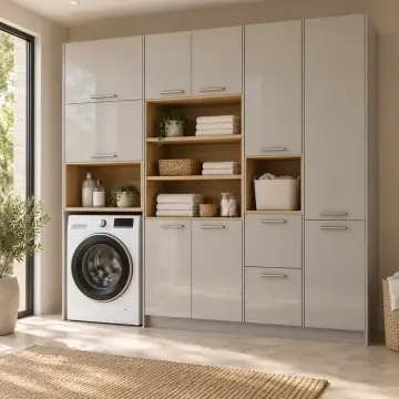 Kirelvessa High Gloss Tek Makineli, Üç Raflı, Çift Sepetli ve Temizlik Kuleli Dolap 230 cm