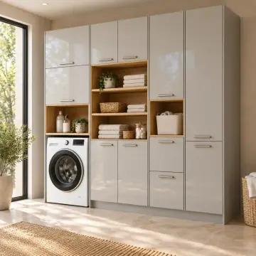 Kirelvessa High Gloss Tek Makineli, Üç Raflı, Çift Sepetli ve Temizlik Kuleli Dolap 230 cm