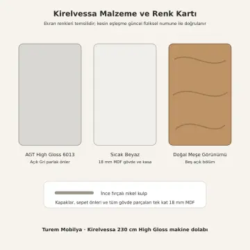 Kirelvessa High Gloss Tek Makineli, Üç Raflı, Çift Sepetli ve Temizlik Kuleli Dolap 230 cm
