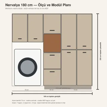 Nervalya Membran Tek Makine, Katlama Nişli ve Çift Sepetli Dolap 180 cm