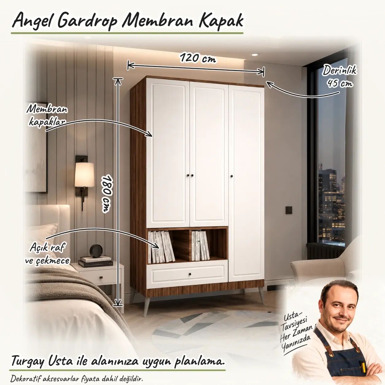 Angel Gardrop Membran Kapak Turgay Usta ölçülü eskiz Ölçüler dış gövde ölçüleridir. Görseldeki dekoratif ürünler fiyata dahil değildir.