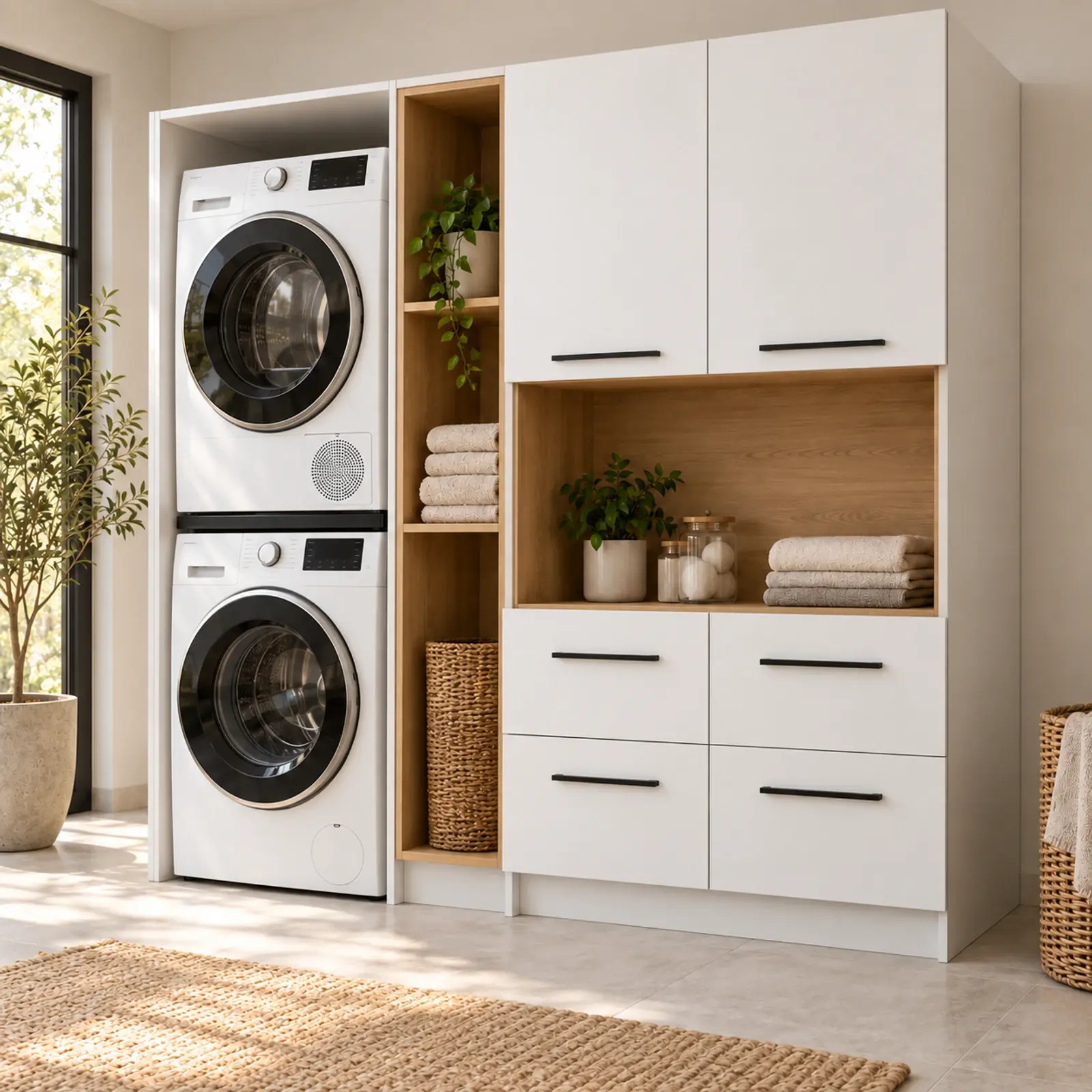 Sirelvana Düz MDF Üst Üste Makine, Açık Havlu Kulesi ve Dört Çekmeceli Dolap 180 cm