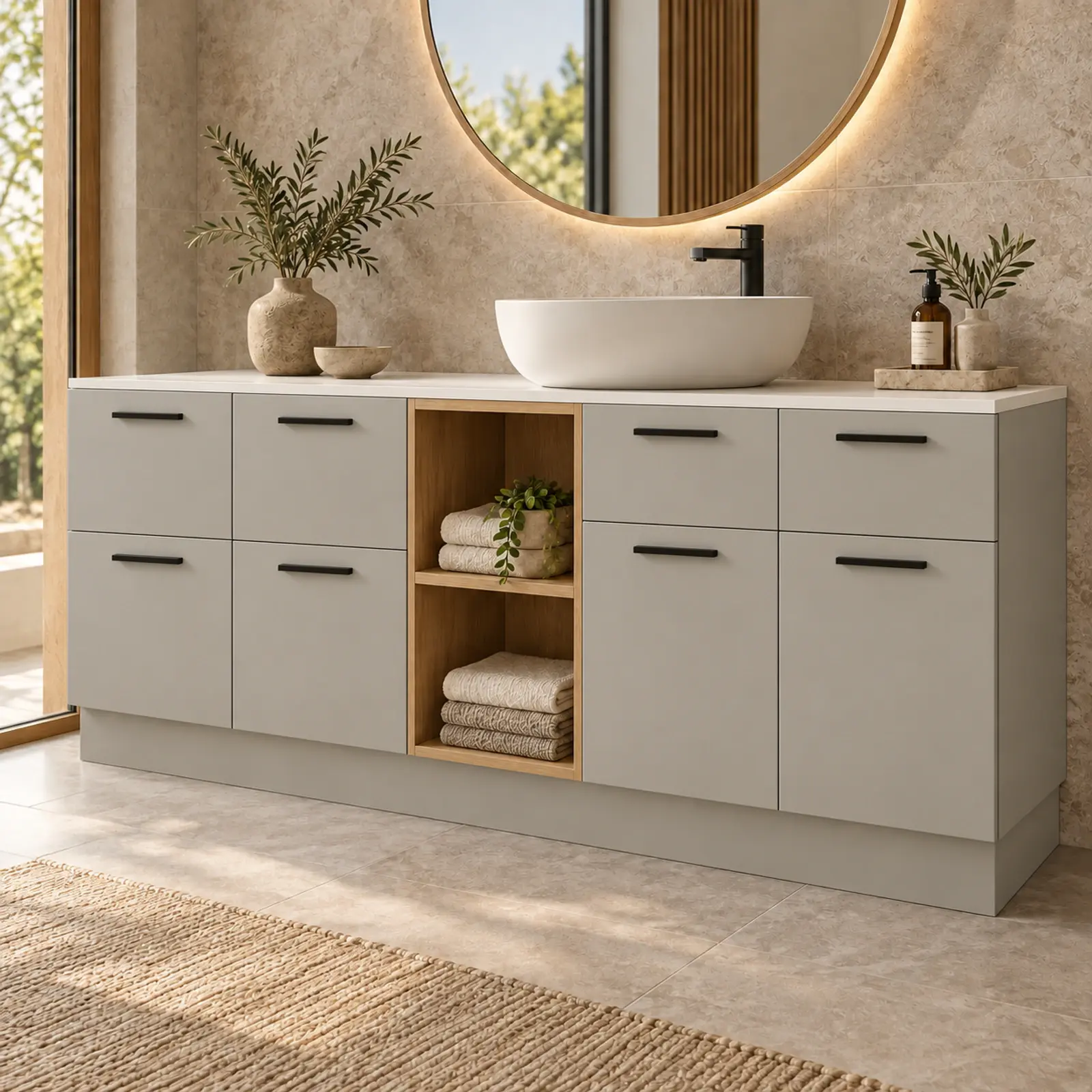 Avenlora Membran Orta Açık Havlu Nişli İki Kapaklı Altı Çekmeceli Banyo Dolabı 180 cm