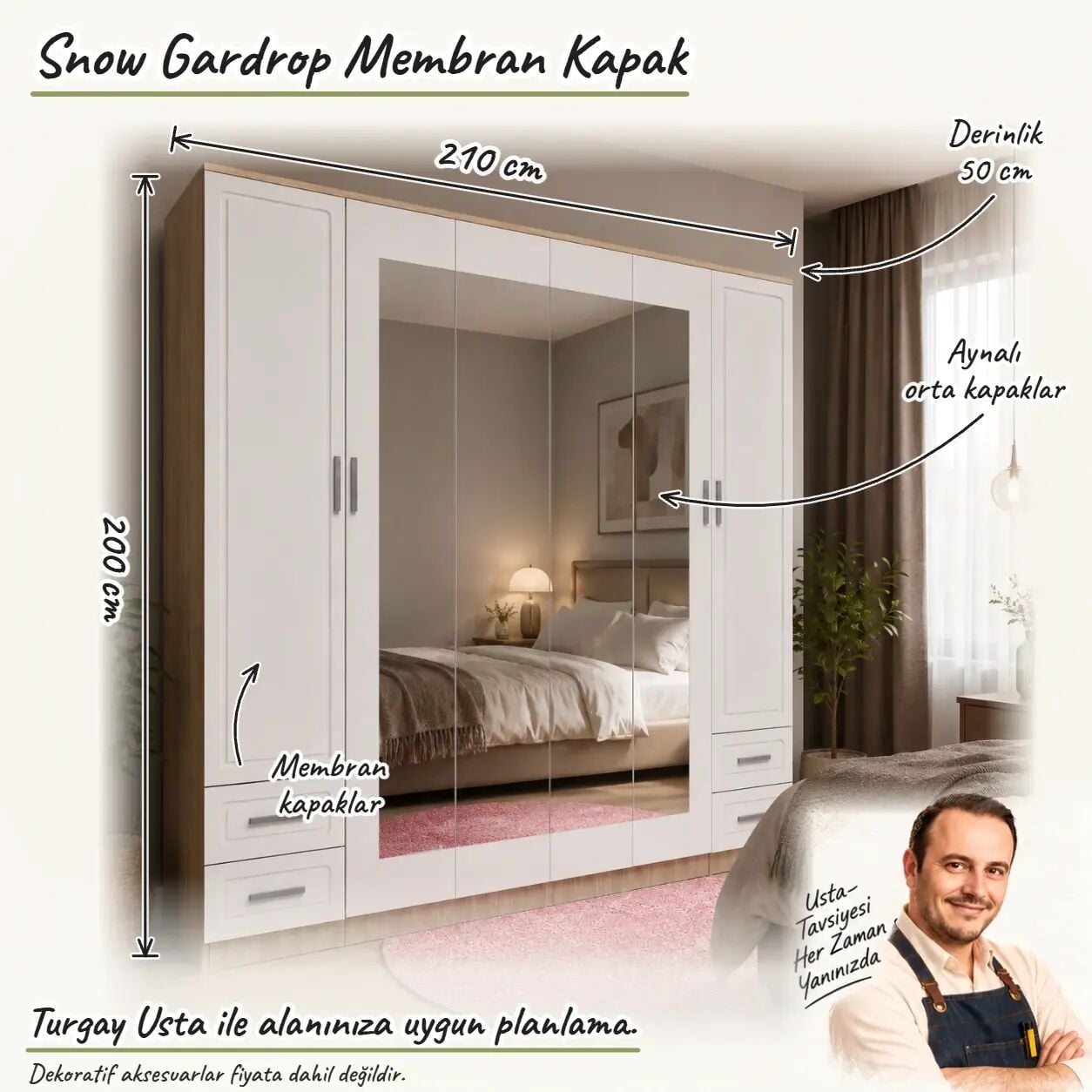 Snow Gardrop Membran Kapak Turgay Usta ölçülü eskiz Ölçüler dış gövde ölçüleridir. Görseldeki dekoratif ürünler fiyata dahil değildir.