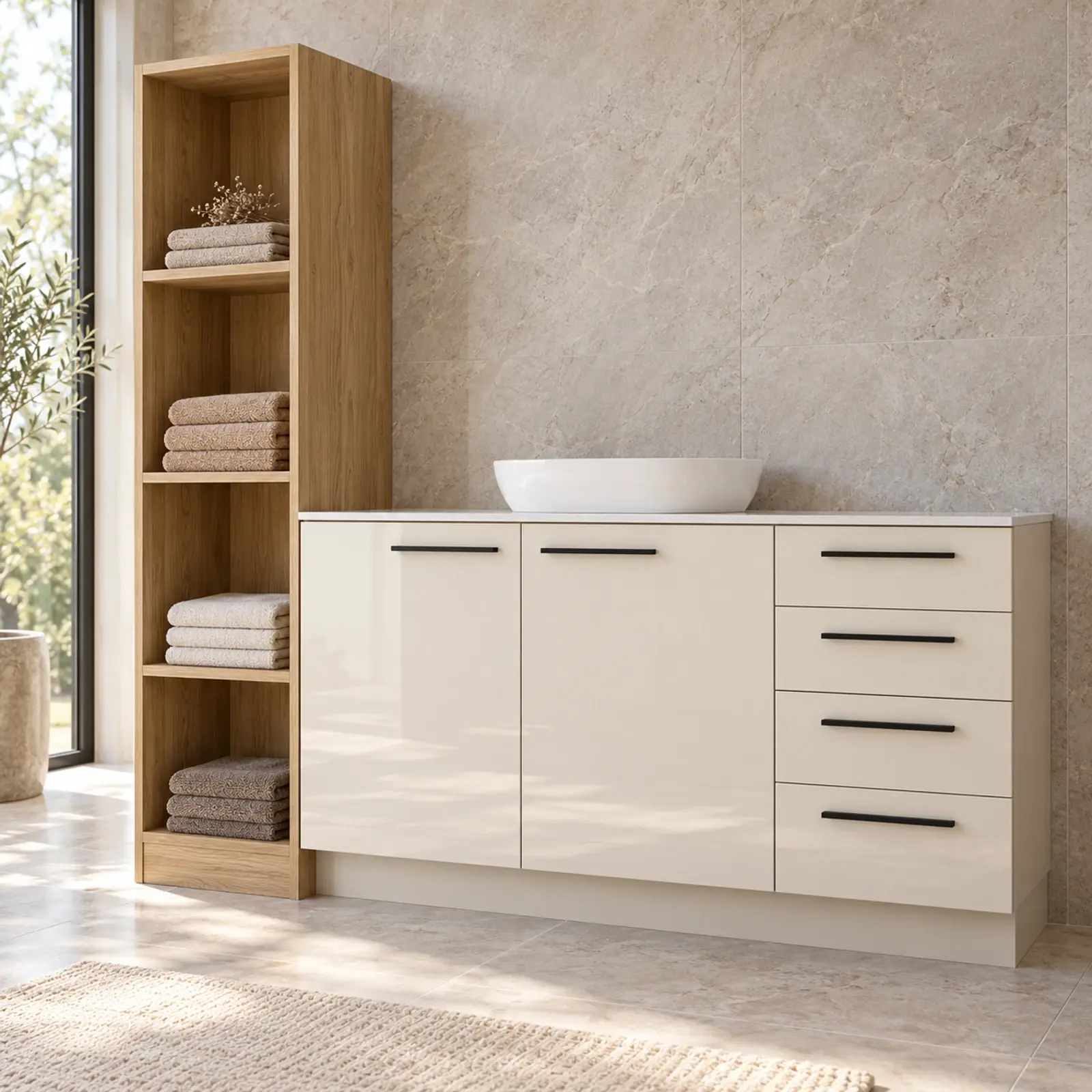 Birelvona High Gloss Sol Açık Havlu Kuleli İki Kapaklı Dört Çekmeceli Banyo Dolabı 160 cm