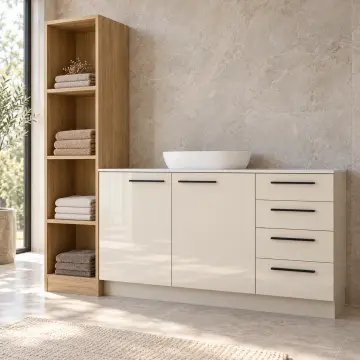 Birelvona High Gloss Sol Açık Havlu Kuleli İki Kapaklı Dört Çekmeceli Banyo Dolabı 160 cm