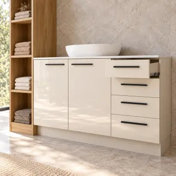 Birelvona High Gloss Sol Açık Havlu Kuleli İki Kapaklı Dört Çekmeceli Banyo Dolabı 160 cm