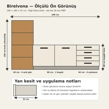 Birelvona High Gloss Sol Açık Havlu Kuleli İki Kapaklı Dört Çekmeceli Banyo Dolabı 160 cm