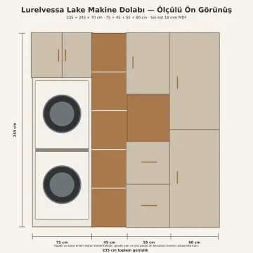 Lurelvessa Lake İstifli İki Makineli, Beş Gözlü, Çift Sepetli ve Temizlik Kuleli Dolap 235 cm