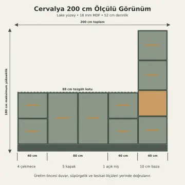 Cervalya Lake Sağ Boy Dolaplı Dört Çekmeceli Banyo Dolabı 200 cm