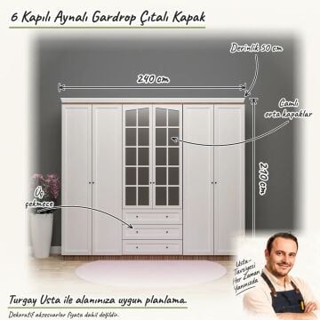 6 Kapılı Aynalı Gardrop Çıtalı Kapak