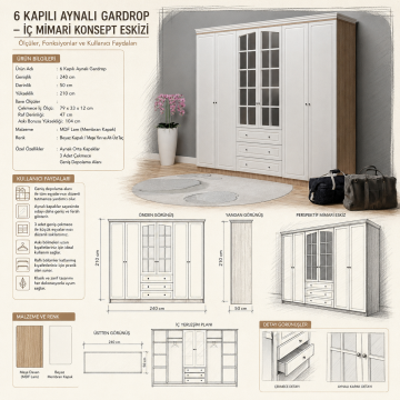 6 Kapılı Aynalı Gardrop Çıtalı Kapak