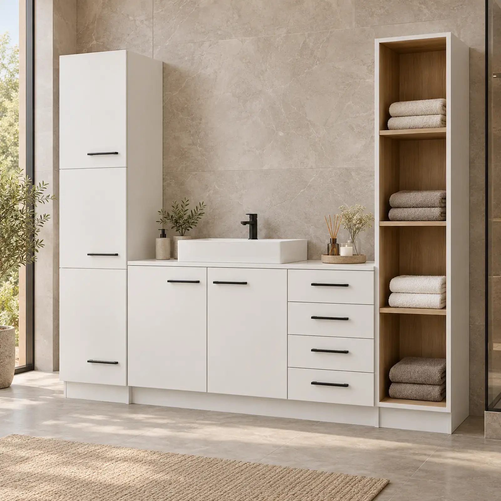 Daremina Düz MDF Sol Boy Dolaplı Sağ Açık Havlu Kuleli Dört Çekmeceli Banyo Dolabı 200 cm
