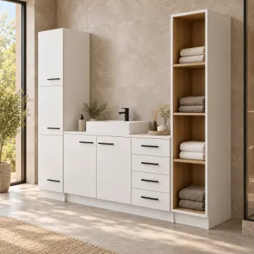 Daremina Düz MDF Sol Boy Dolaplı Sağ Açık Havlu Kuleli Dört Çekmeceli Banyo Dolabı 200 cm