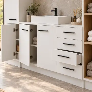 Daremina Düz MDF Sol Boy Dolaplı Sağ Açık Havlu Kuleli Dört Çekmeceli Banyo Dolabı 200 cm