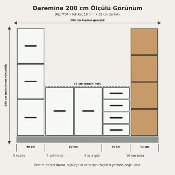 Daremina Düz MDF Sol Boy Dolaplı Sağ Açık Havlu Kuleli Dört Çekmeceli Banyo Dolabı 200 cm