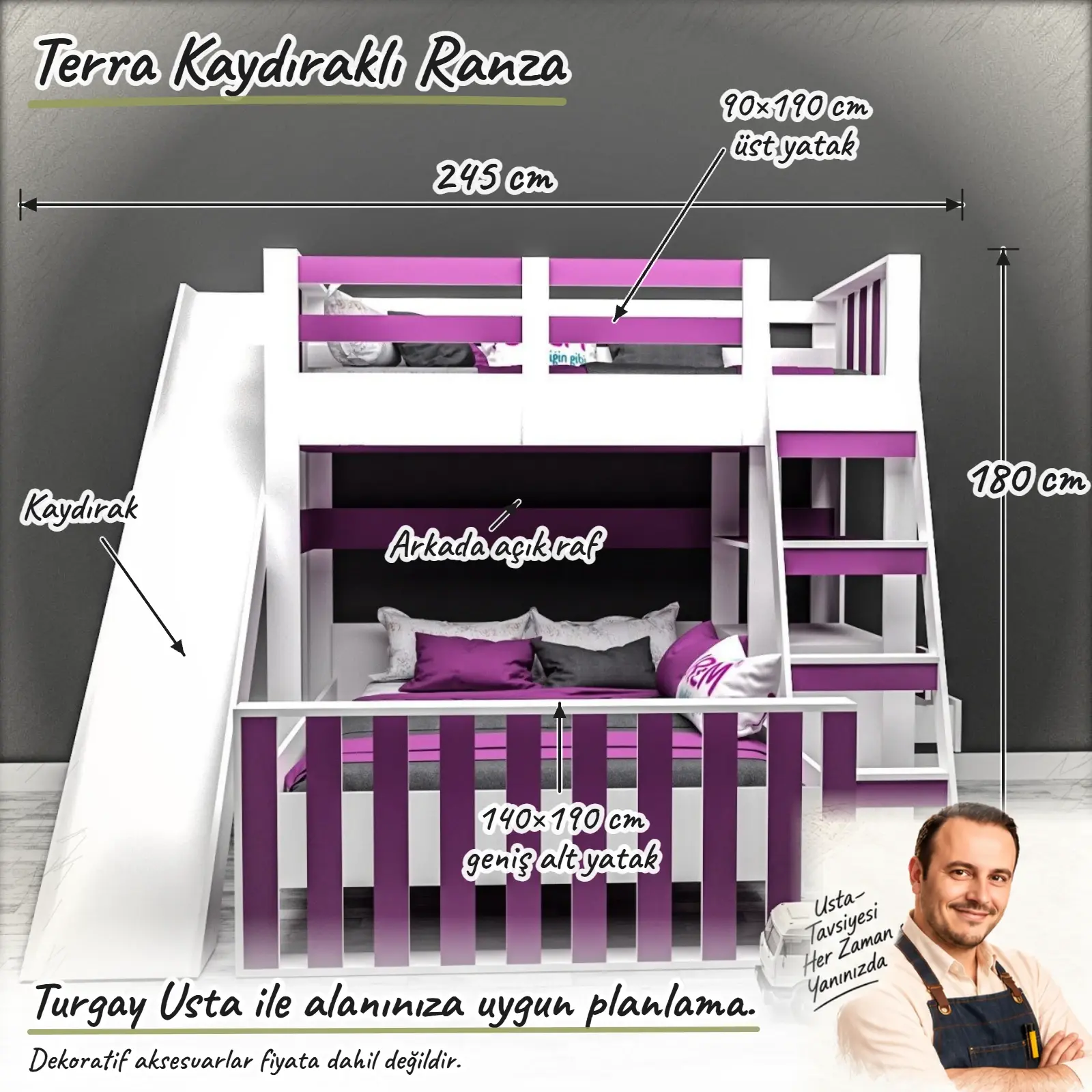 Terra kaydıraklı ranza Turgay Usta ölçülü eskizi 245 x 200 x 180 cm
