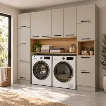 Erelvona Membran Yan Yana İki Makine, Üst Havlu Nişli, Sol Depolama Kuleli ve Çift Sepetli Dolap 220 cm