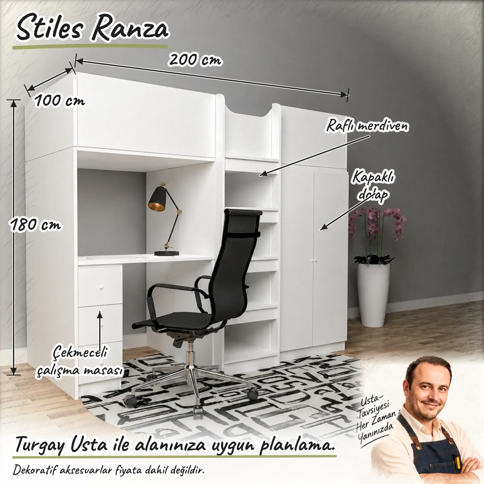 Stiles Ranza ölçülü Turgay Usta eskizi 200x100x180 cm