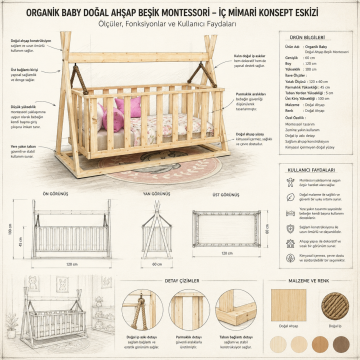 Organik Baby Doğal Ahşap Beşik Montessori