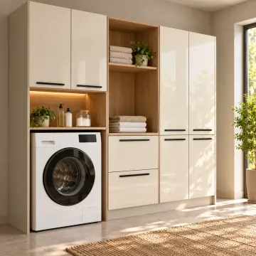 Farelisa High Gloss Tek Makine, Katlama Tezgâhı, Çift Sepet ve Sağ Depolama Kuleli Dolap 200 cm