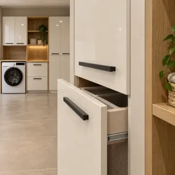 Farelisa High Gloss Tek Makine, Katlama Tezgâhı, Çift Sepet ve Sağ Depolama Kuleli Dolap 200 cm