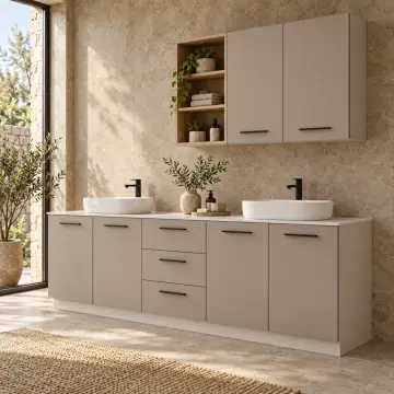 Jarelina Membran Asimetrik Üst Dolaplı Altı Kapaklı Üç Çekmeceli Banyo Dolabı 200 cm