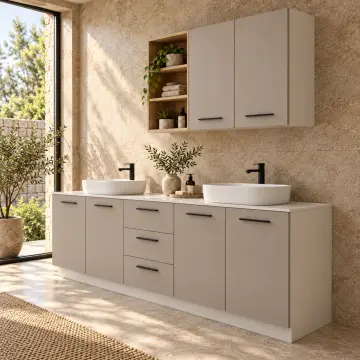Jarelina Membran Asimetrik Üst Dolaplı Altı Kapaklı Üç Çekmeceli Banyo Dolabı 200 cm