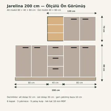 Jarelina Membran Asimetrik Üst Dolaplı Altı Kapaklı Üç Çekmeceli Banyo Dolabı 200 cm