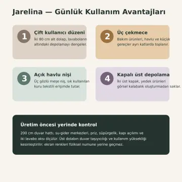 Jarelina Membran Asimetrik Üst Dolaplı Altı Kapaklı Üç Çekmeceli Banyo Dolabı 200 cm