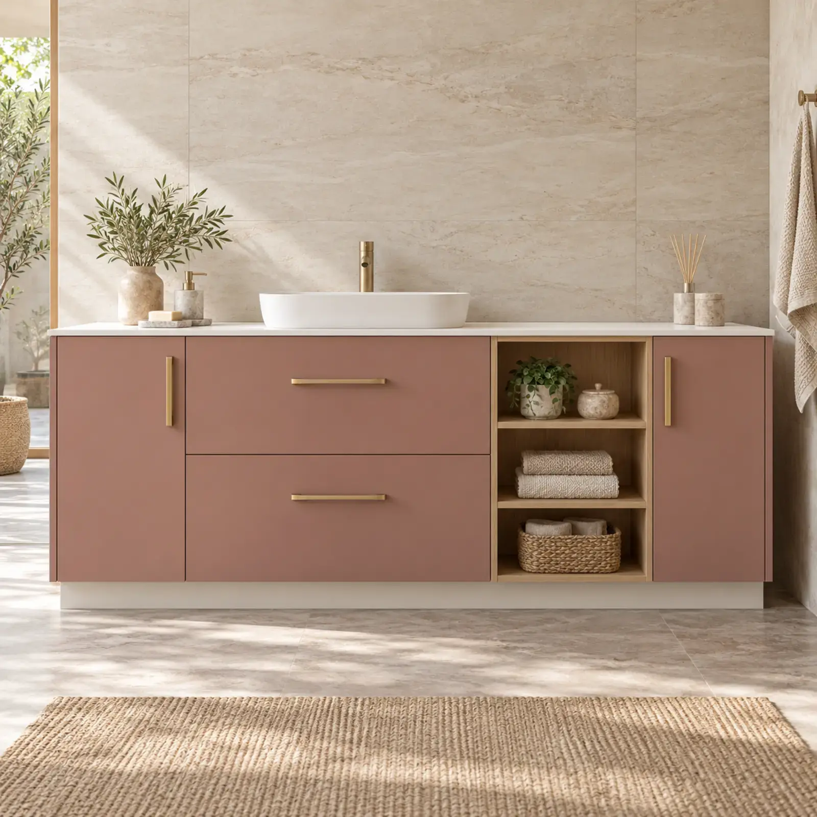 Ovelyassa Membran Tek Lavabolu, İki Çekmeceli ve Üç Açık Havlu Gözlü Banyo Dolabı 230 cm