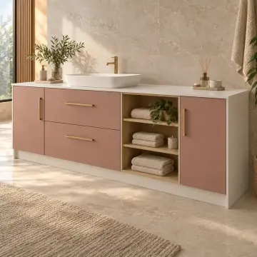 Ovelyassa Membran Tek Lavabolu, İki Çekmeceli ve Üç Açık Havlu Gözlü Banyo Dolabı 230 cm