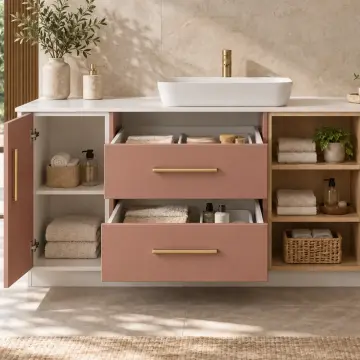 Ovelyassa Membran Tek Lavabolu, İki Çekmeceli ve Üç Açık Havlu Gözlü Banyo Dolabı 230 cm