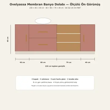 Ovelyassa Membran Tek Lavabolu, İki Çekmeceli ve Üç Açık Havlu Gözlü Banyo Dolabı 230 cm