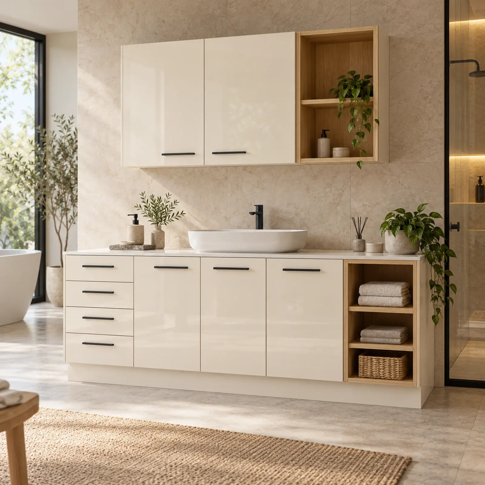 Kavelina High Gloss Sağ Açık Havlu Kuleli Beş Kapaklı Dört Çekmeceli Banyo Dolabı 200 cm