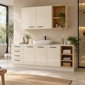 Kavelina High Gloss Sağ Açık Havlu Kuleli Beş Kapaklı Dört Çekmeceli Banyo Dolabı 200 cm