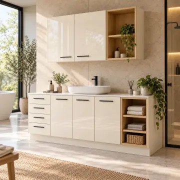 Kavelina High Gloss Sağ Açık Havlu Kuleli Beş Kapaklı Dört Çekmeceli Banyo Dolabı 200 cm