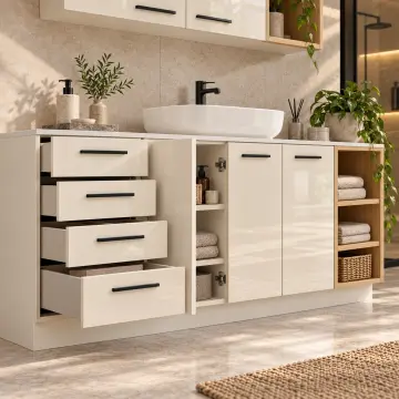 Kavelina High Gloss Sağ Açık Havlu Kuleli Beş Kapaklı Dört Çekmeceli Banyo Dolabı 200 cm