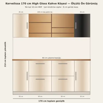 Kervelissa 170 cm Beş Gözlü Basamak Nişli Tek Reflekte Camlı High Gloss Kahve Köşesi