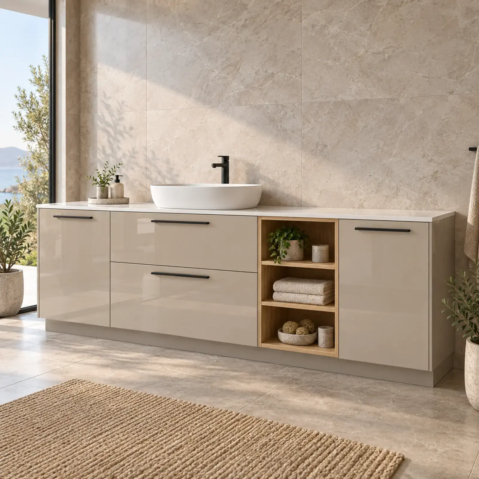 Pelvarissa High Gloss Tek Lavabolu, İki Çekmeceli ve Üç Açık Gözlü Banyo Dolabı 240 cm