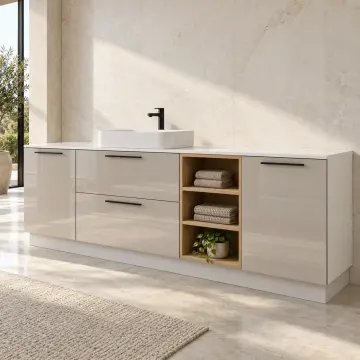Pelvarissa High Gloss Tek Lavabolu, İki Çekmeceli ve Üç Açık Gözlü Banyo Dolabı 240 cm