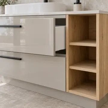 Pelvarissa High Gloss Tek Lavabolu, İki Çekmeceli ve Üç Açık Gözlü Banyo Dolabı 240 cm