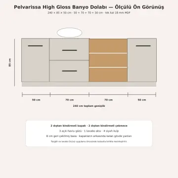 Pelvarissa High Gloss Tek Lavabolu, İki Çekmeceli ve Üç Açık Gözlü Banyo Dolabı 240 cm