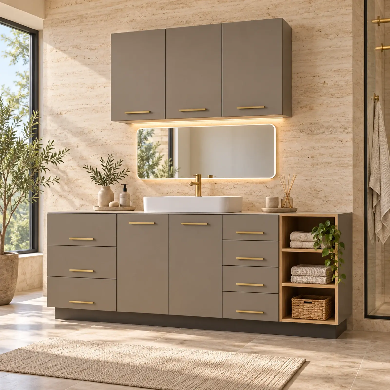 Mirelvana Lake Çift Çekmece Bloklu Sağ Açık Havlu Kuleli Banyo Dolabı 220 cm