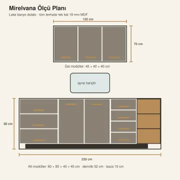 Mirelvana Lake Çift Çekmece Bloklu Sağ Açık Havlu Kuleli Banyo Dolabı 220 cm