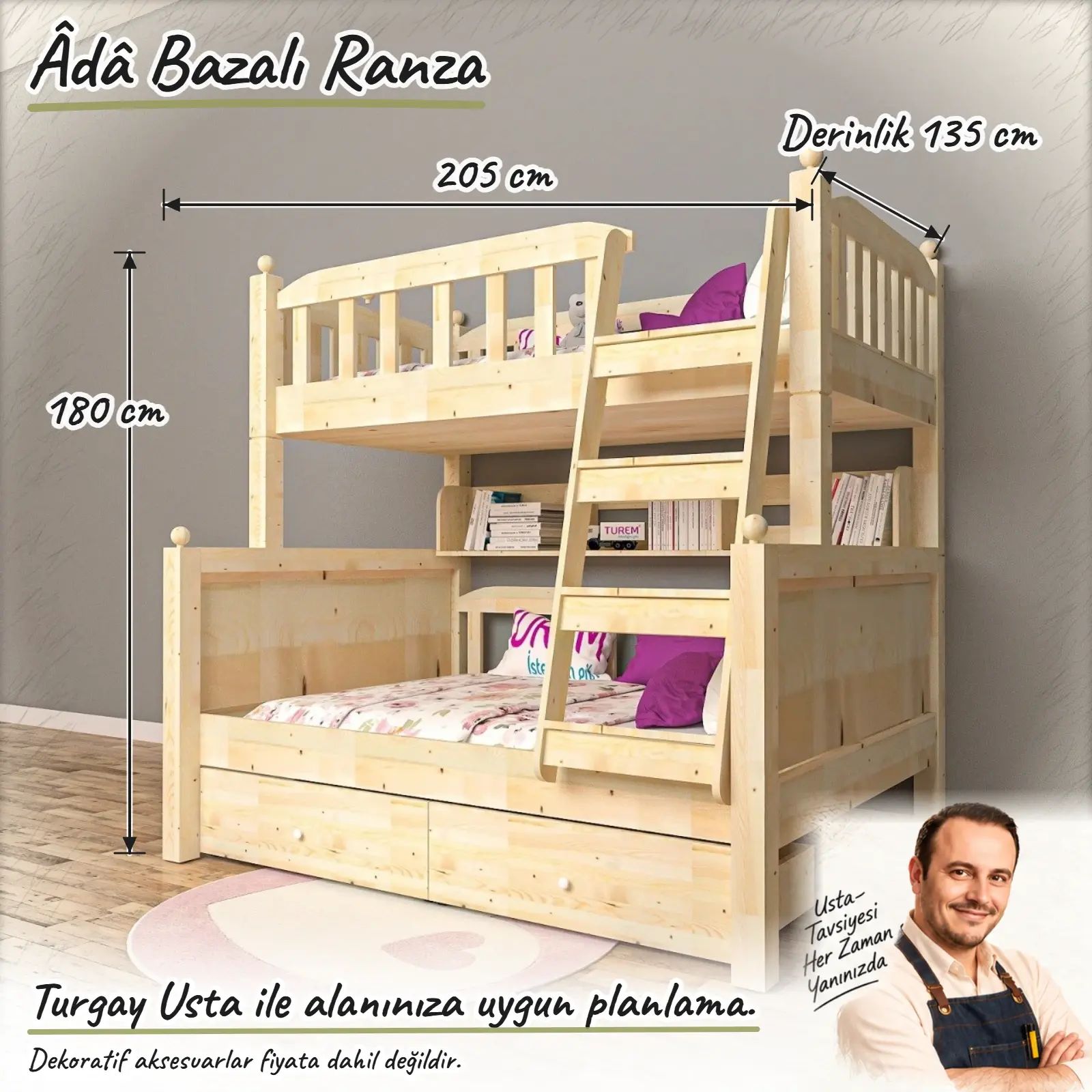 Doğal Ahşap Âdâ Bazalı Ranza Turgay Usta ölçülü eskiz 205x135x180 cm