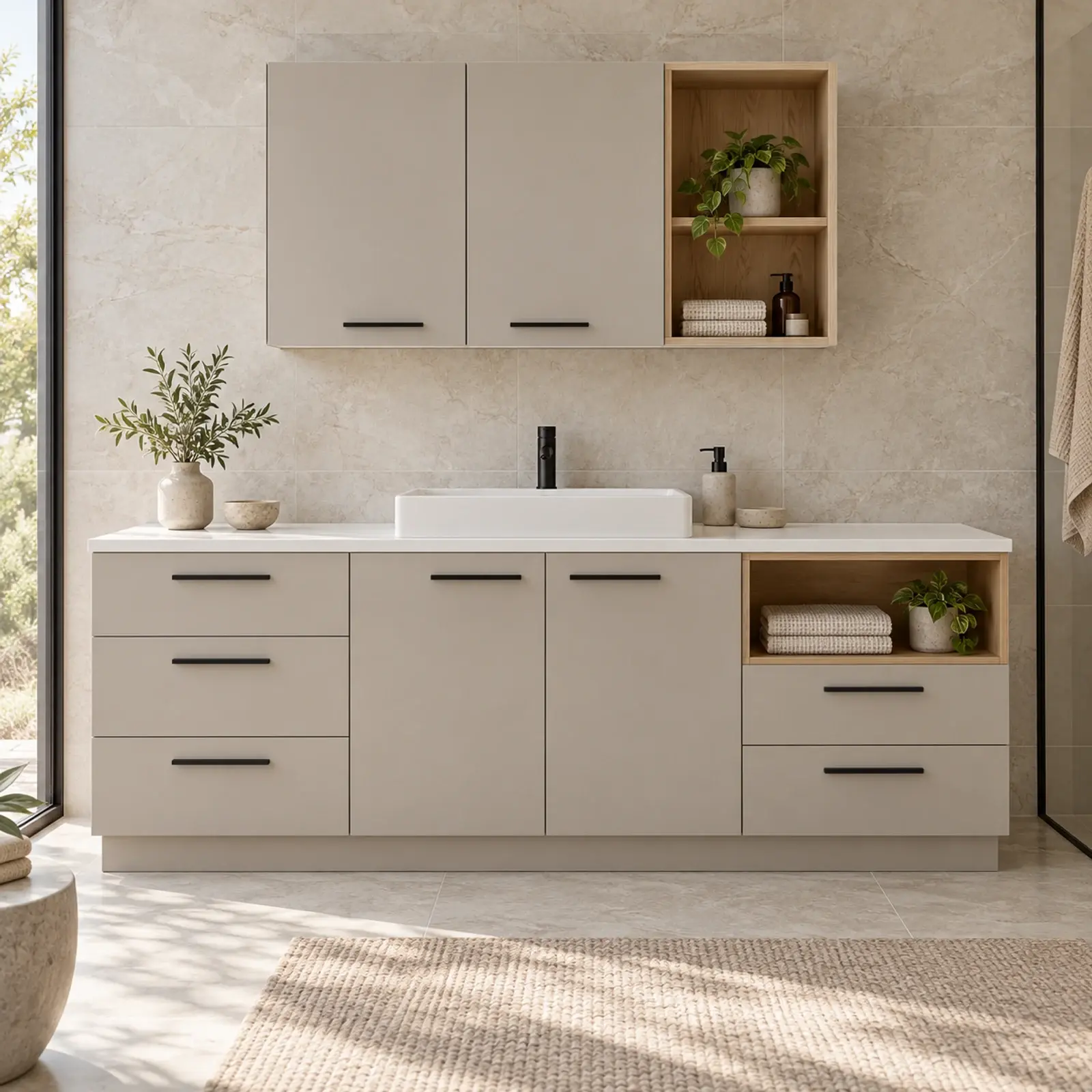 Narelvina Düz MDF Sağ Açık Tekstil Nişli Beş Çekmeceli Banyo Dolabı 200 cm