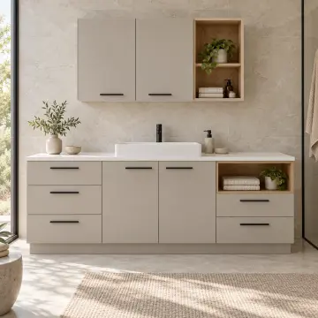 Narelvina Düz MDF Sağ Açık Tekstil Nişli Beş Çekmeceli Banyo Dolabı 200 cm